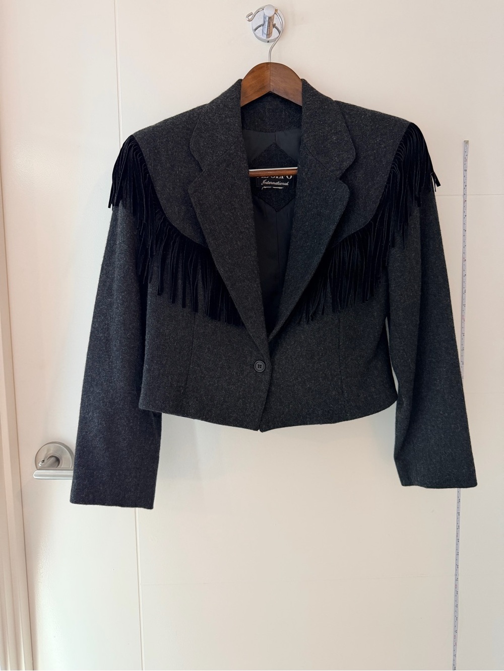 Adolfo International Wool Fringe-Trim Structured Cropped Blazer Jacket Charcoal